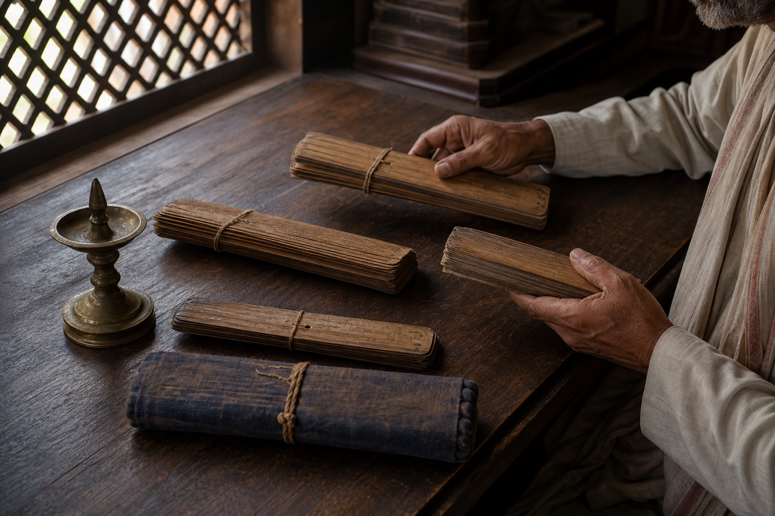 A scholar examines several palm-leaf bundles and a cloth-wrapped manuscript on a wooden table beside a brass lamp.