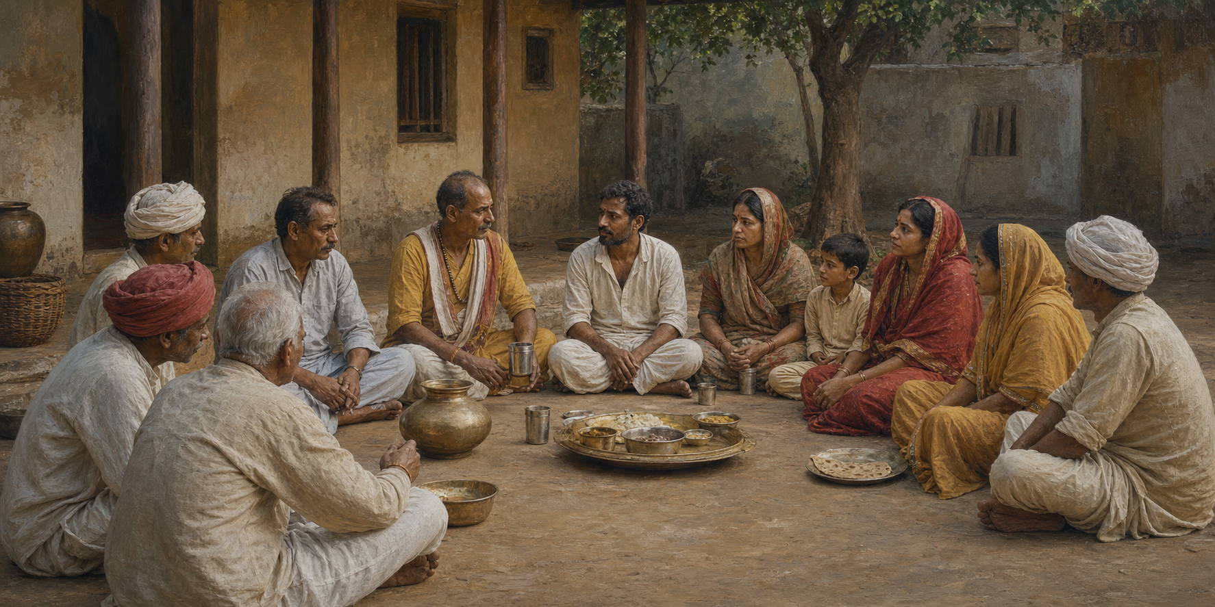 A returning household sits with elders and neighbors in a courtyard as the group shares water, food and conversation.