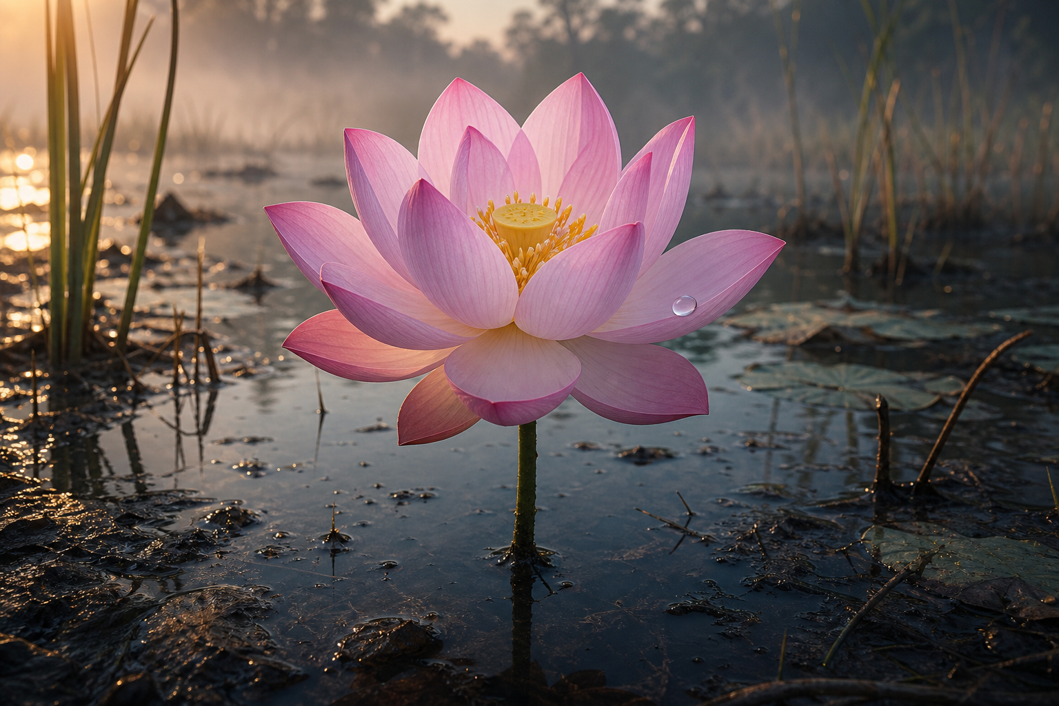 A clean pink lotus rises on its stem from a dark pond, with water droplets resting on its petals among mud, reeds, and floating leaves.