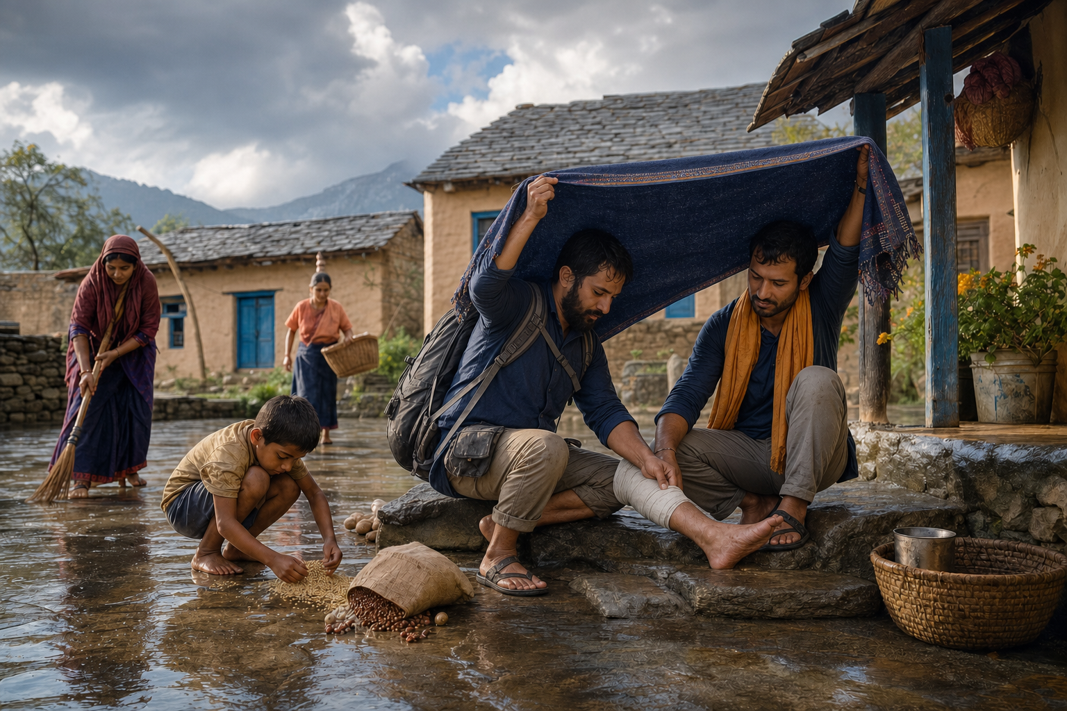 A person shelters and bandages an injured traveler in a wet village courtyard as neighbors help gather spilled provisions.
