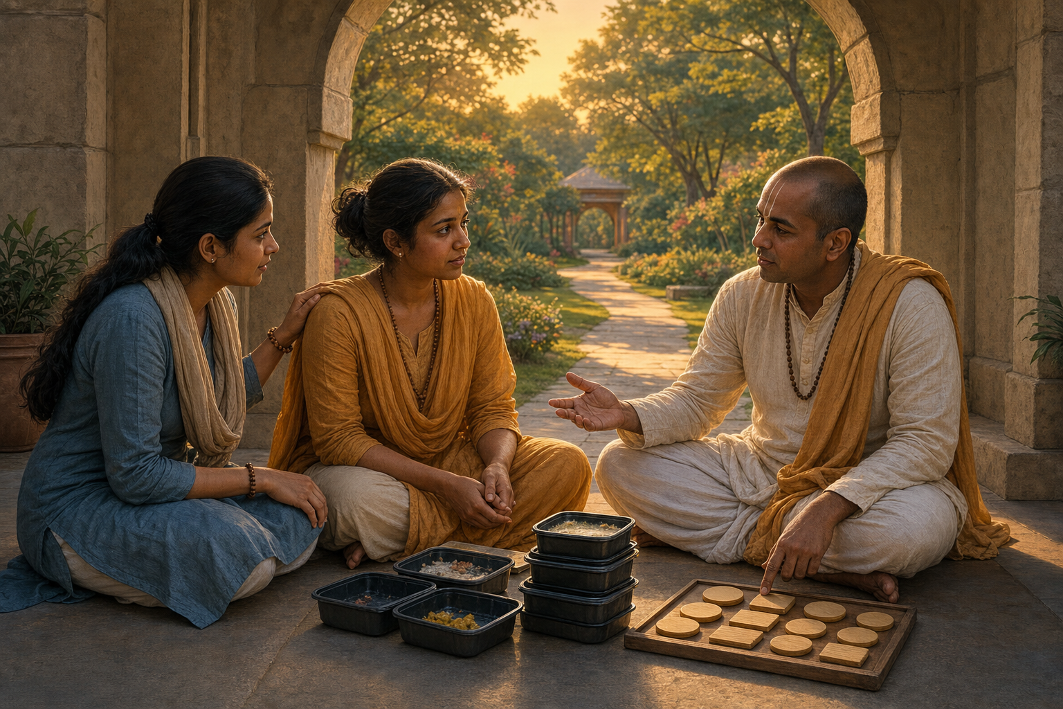 A team leader speaks calmly with two volunteers beside unfinished meal containers in a temple courtyard.