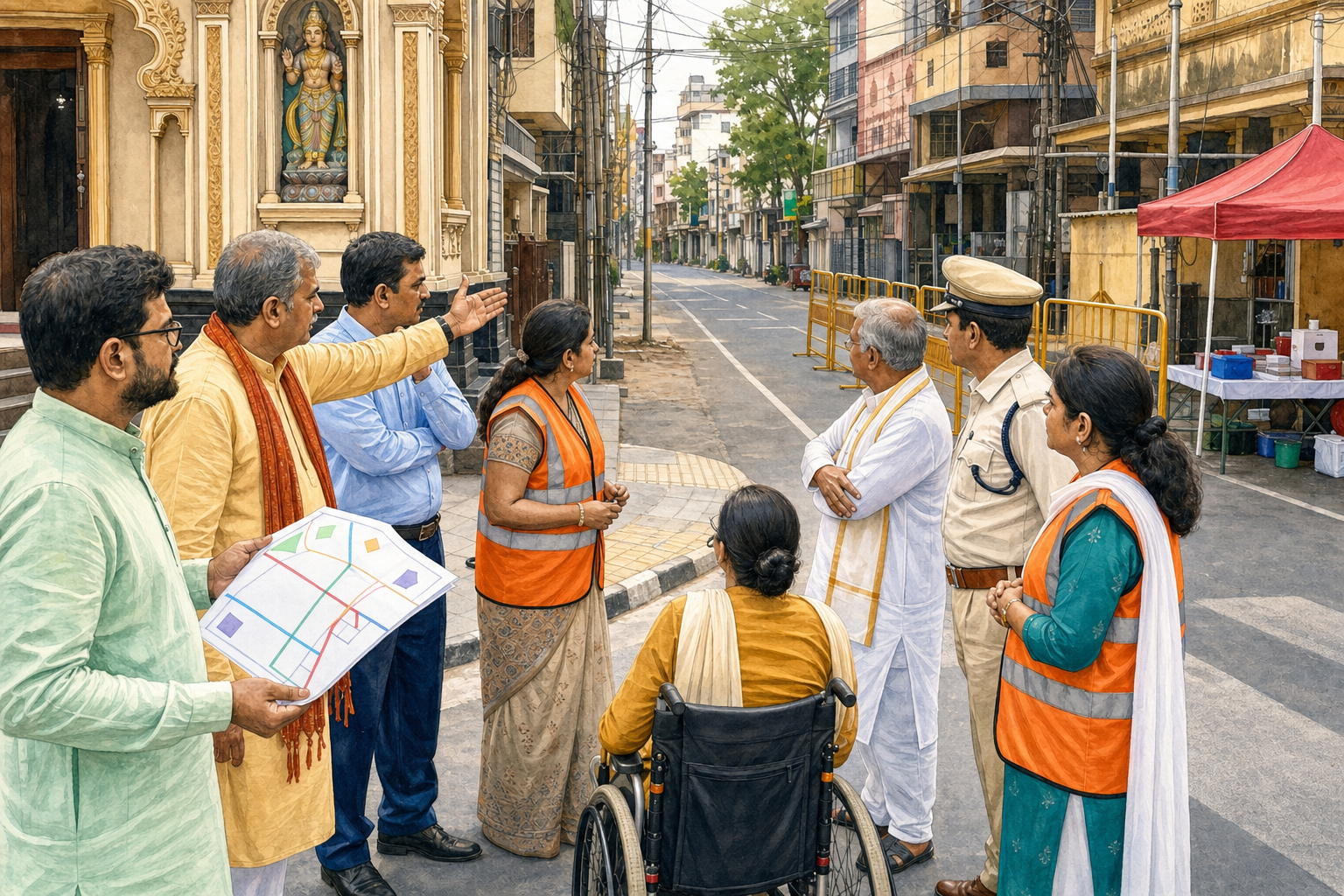 Procession organizers, marshals, civic staff, and a traffic officer inspect an intersection, curb ramp, barriers, and emergency access before an event.