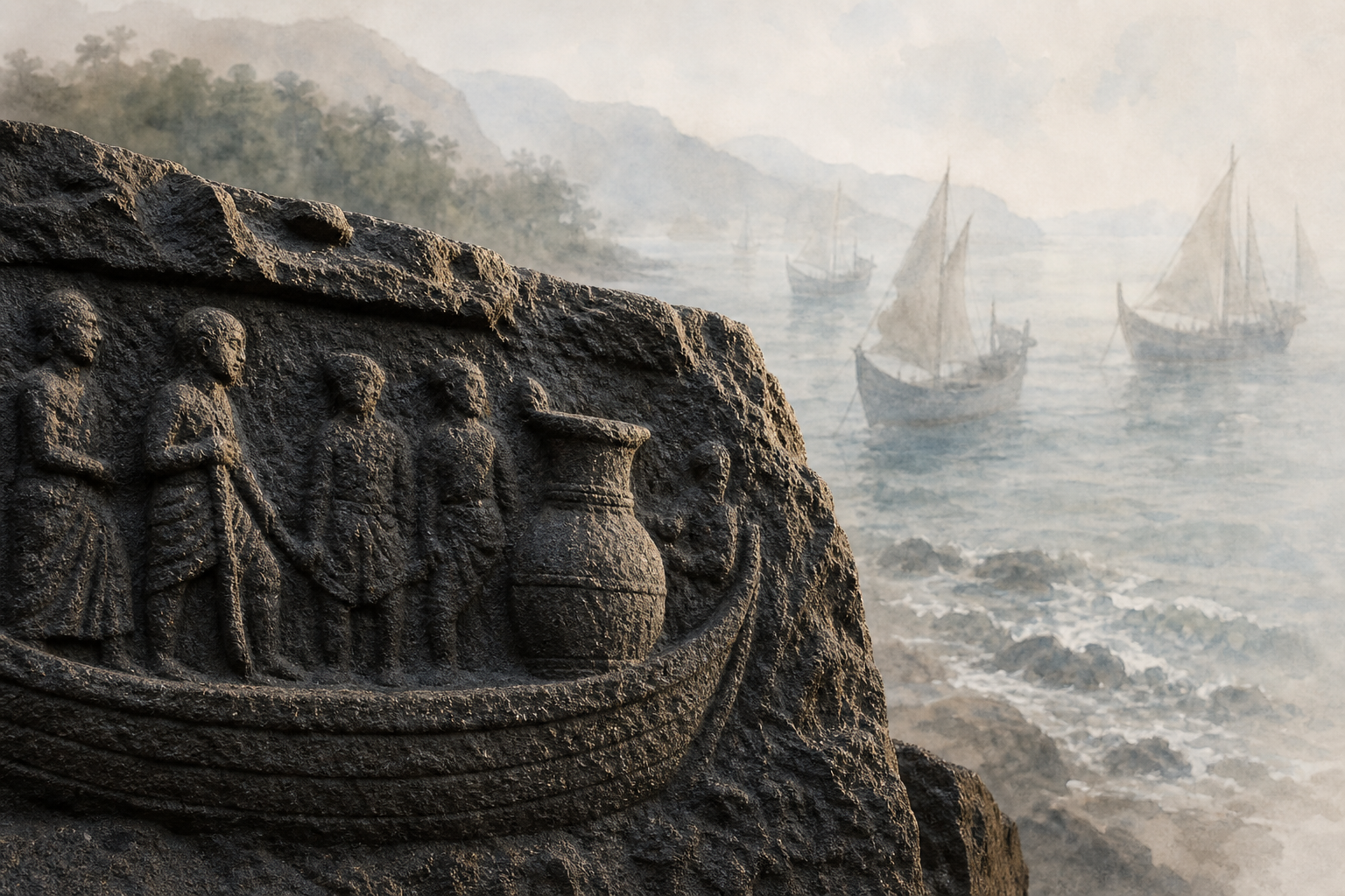 A carved boat on a weathered stone appears in sharp focus while anonymous ships in a hazy coastal scene fade into the background.