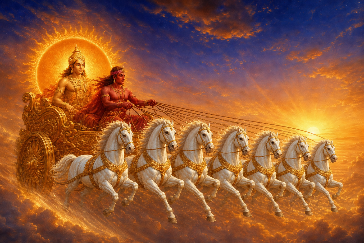 Aruna holds the reins of seven white horses while guiding Surya's golden chariot across a radiant sunrise sky.