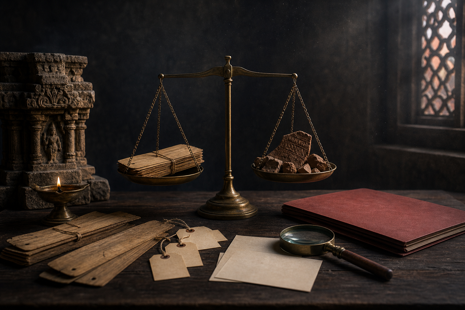 A brass balance, magnifying lens, palm-leaf folios, pottery fragments, an oil lamp and an unmarked red folder arranged on a scholar's table.