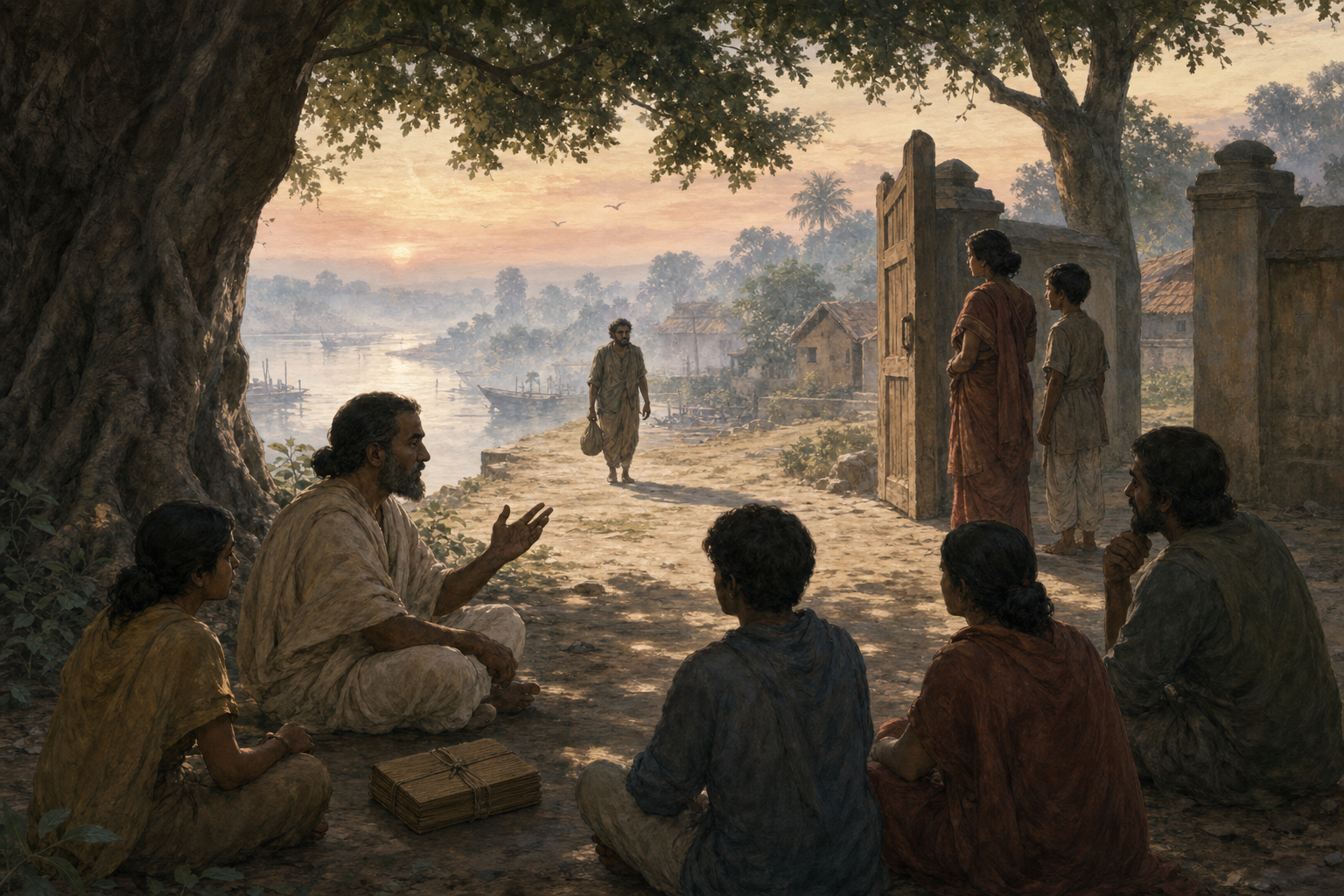 A traveler returns to a riverside settlement at dawn while a storyteller and listeners sit beneath a nearby tree.