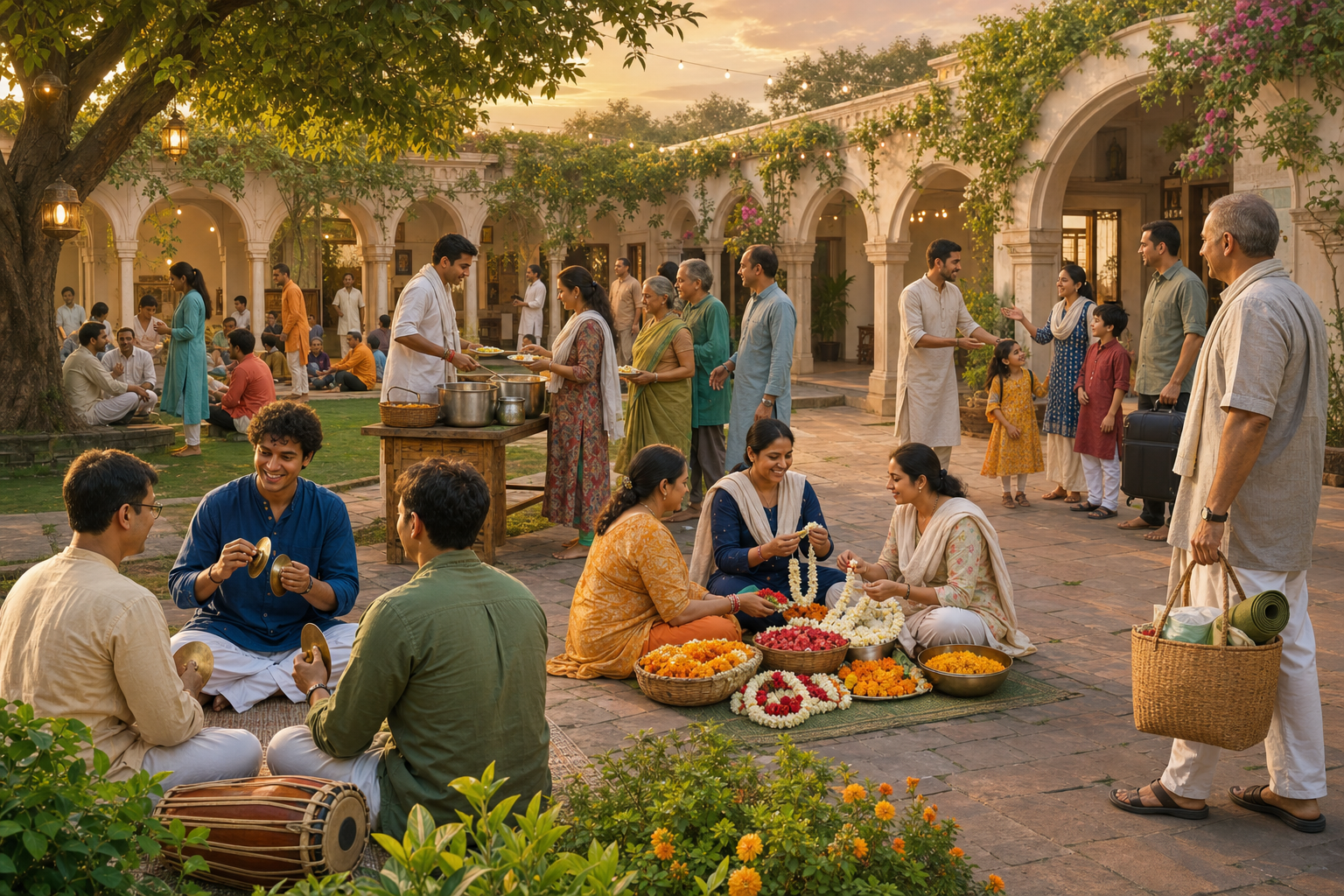 Several volunteer groups lead music practice, garland making, meal distribution, and newcomer welcome in a temple courtyard while an older coordinator carries supplies at the edge.