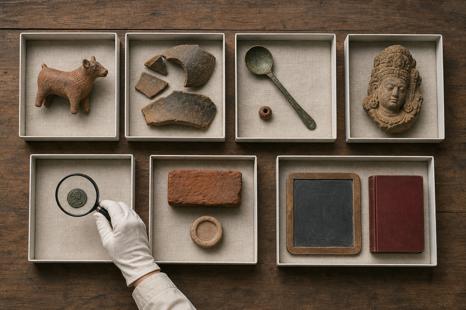 Seven separate archival trays hold different artifacts, including pottery, a cattle figurine, a coin, sculpture fragments, monastic brickwork and school materials.