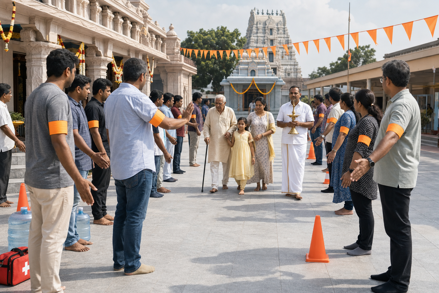 Procession volunteers wearing plain saffron armbands rehearse a protective walking corridor around an elder, a parent, and a ceremonial lamp bearer.