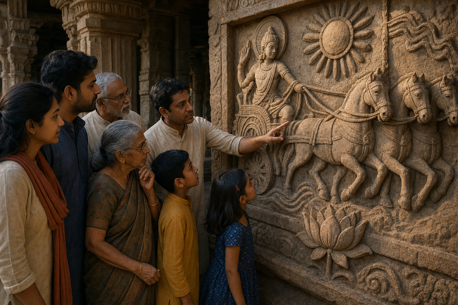 A child, an adult, and an elder study a temple relief containing a lotus, sun disc, horses, reins, and sacred hand gestures.