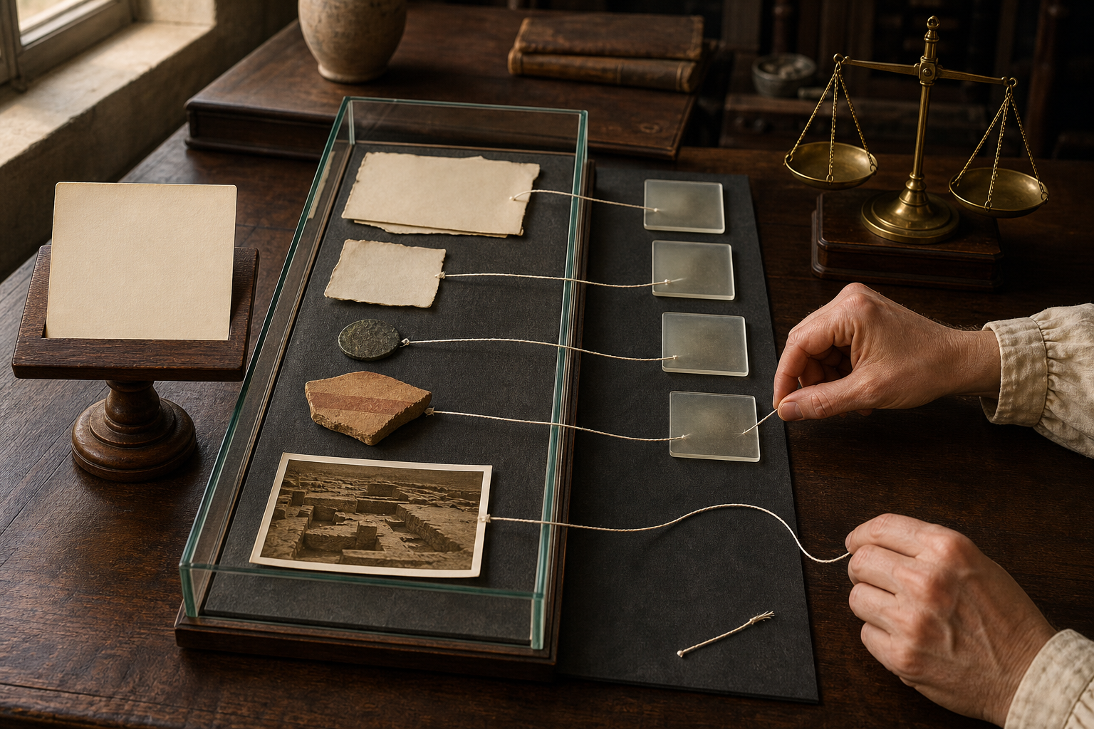 A researcher's hands connect manuscript and archaeological evidence to blank inference tiles and a brass balance on an orderly desk.