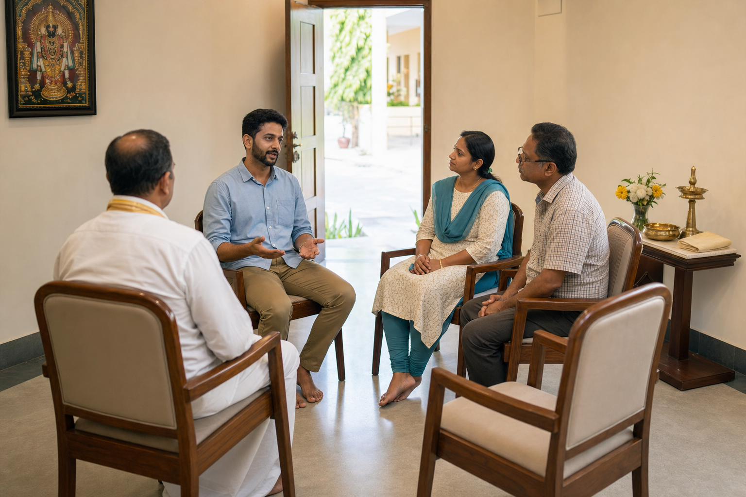 An adult seeker speaks during a private meeting with a priest, community coordinator and invited relative seated in an equal circle.