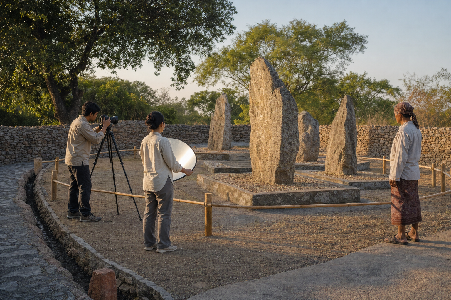 A custodian and community volunteers photograph hero stones from a distance using a tripod and reflected light without touching the carvings.