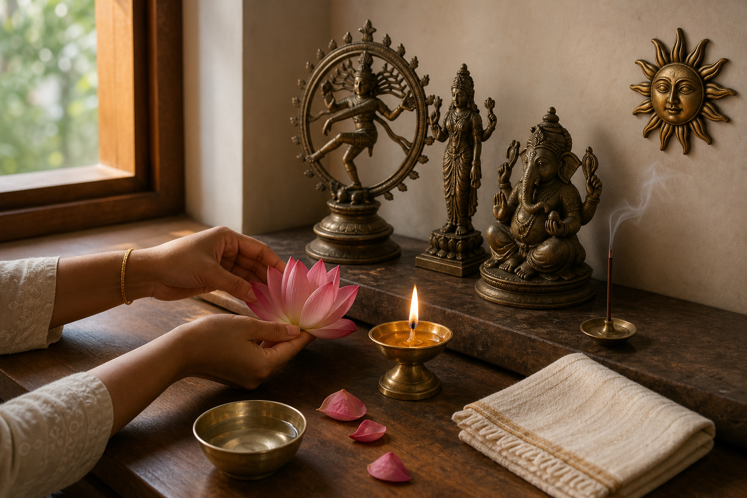 Hands offer a fresh lotus beside a lit brass lamp, a bowl of water, flower petals, a lotus motif, and a solar emblem on a home shrine.