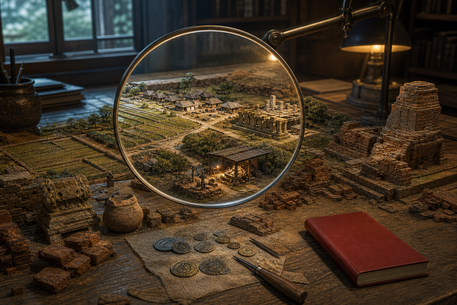 A transparent lens sharpens details in a miniature landscape of fields, workshops, coins, temple foundations and monastic ruins inside an archive.
