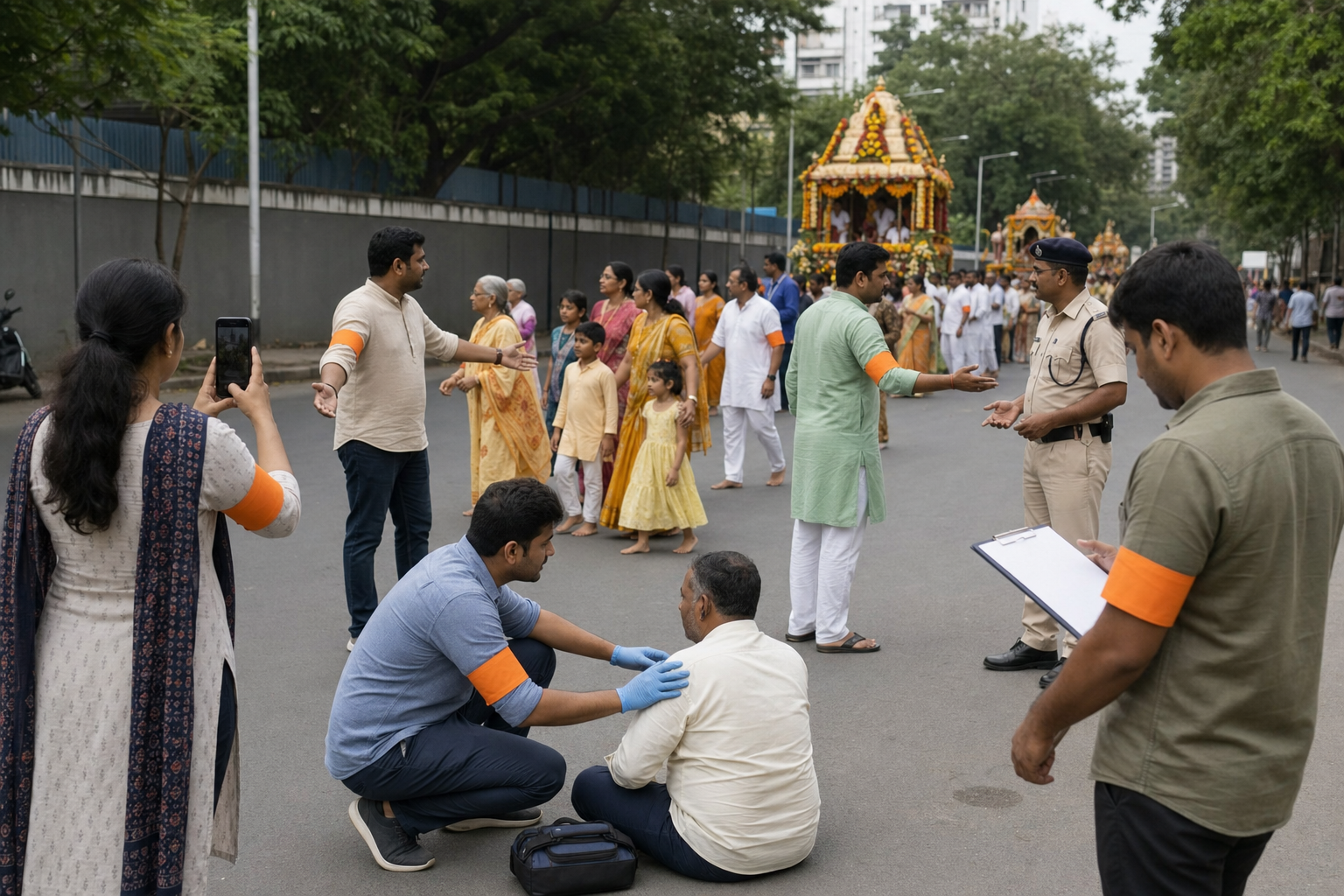 Marshals guide families away from a procession route while an observer records the scene, a first-aid volunteer assists someone, and a liaison speaks with police.