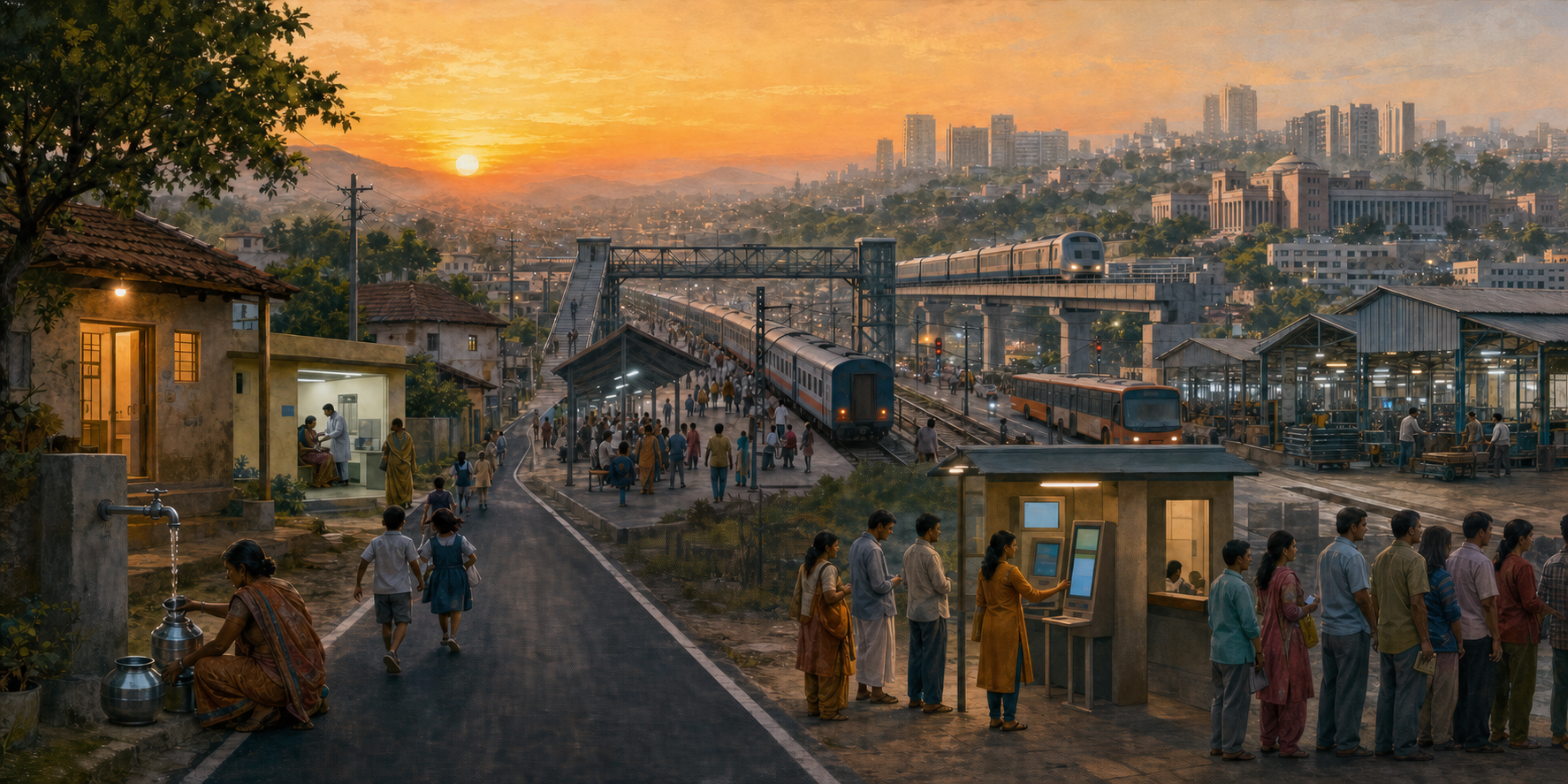 Editorial panorama of Indian citizens moving between a village, public services, transport, factories, and a modern city at sunrise.