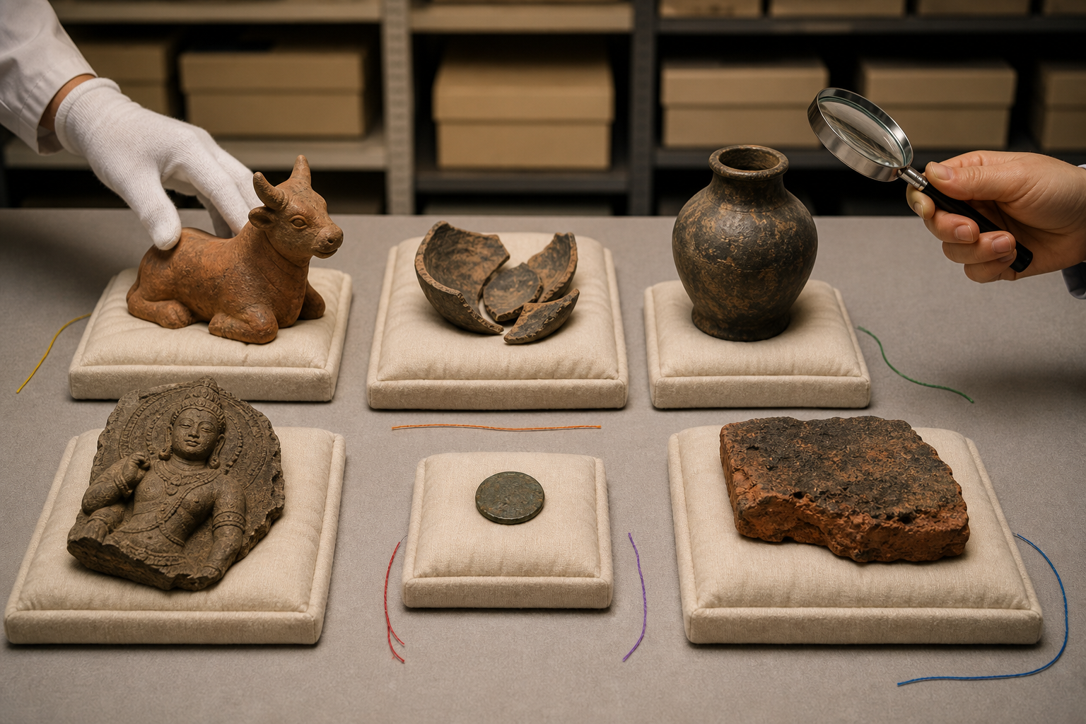 Researchers examine a cattle figurine, pottery, a ritual vessel, a deity fragment, a coin and a monastic brick separately on a conservation table.