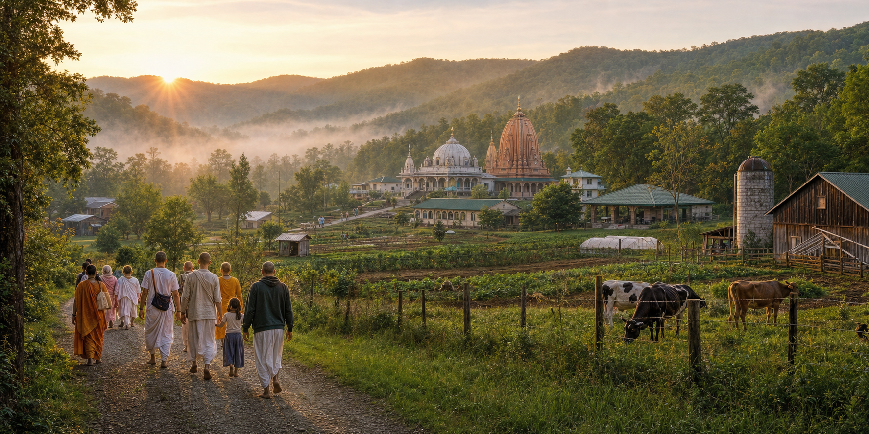 Devotees walk toward a temple complex among farms, cow pastures, and wooded Appalachian hills at sunrise.