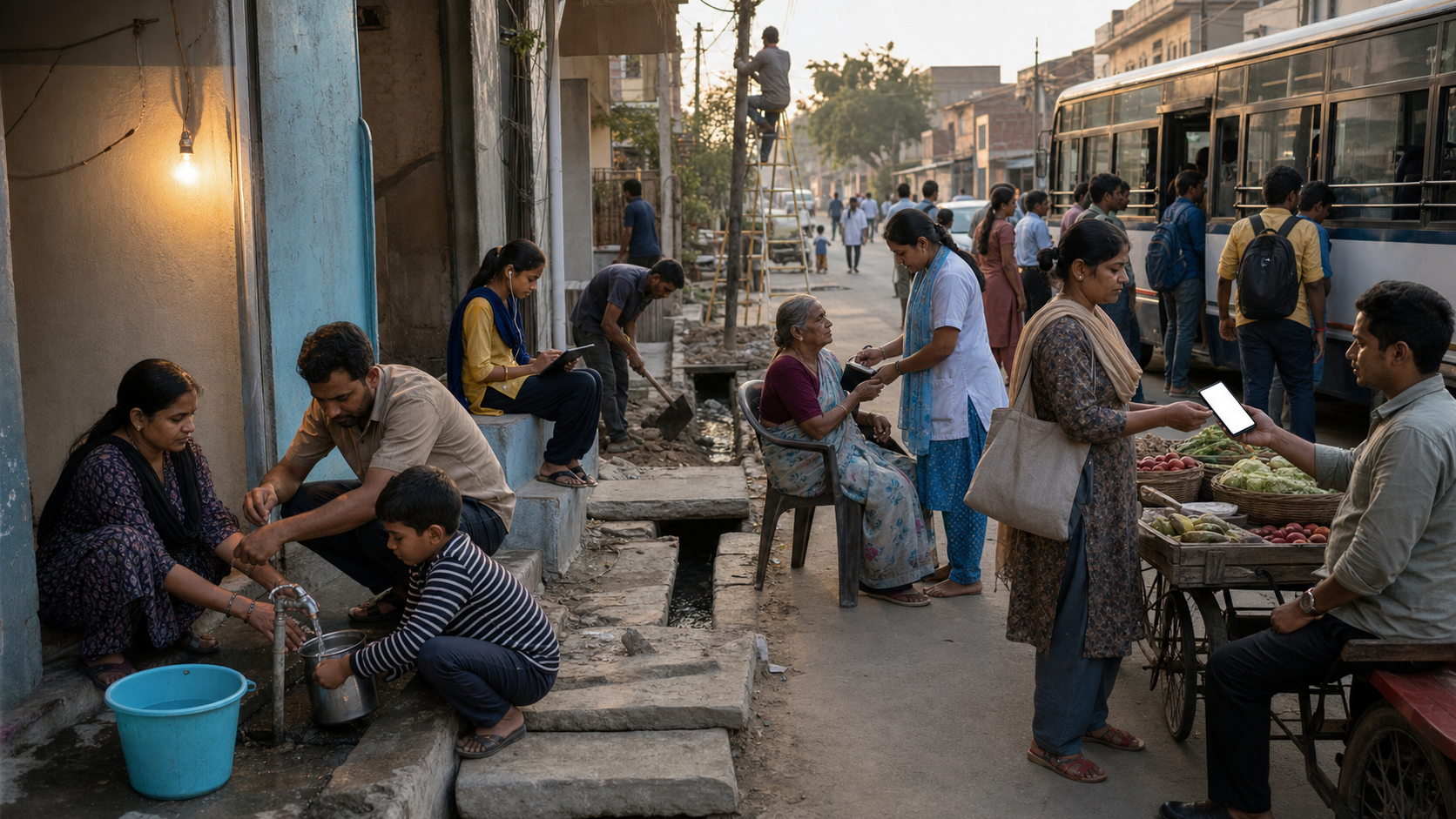 Indian neighborhood with household utilities, a health worker, a student, a street vendor using a phone, commuters, and a road repair crew.