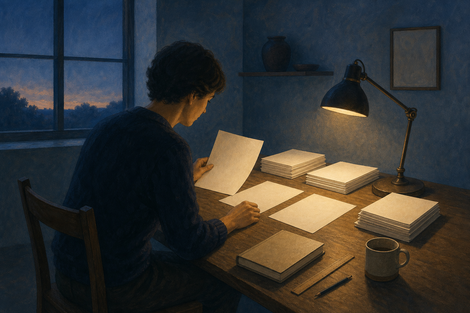 An editor reviews unmarked pages at a quiet wooden desk illuminated by a single lamp before dawn.