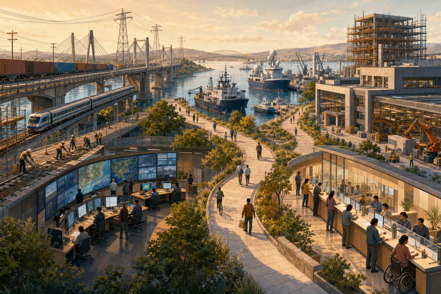 Four connected scenes show infrastructure, public administration, strategic industry, and citizens receiving public services.