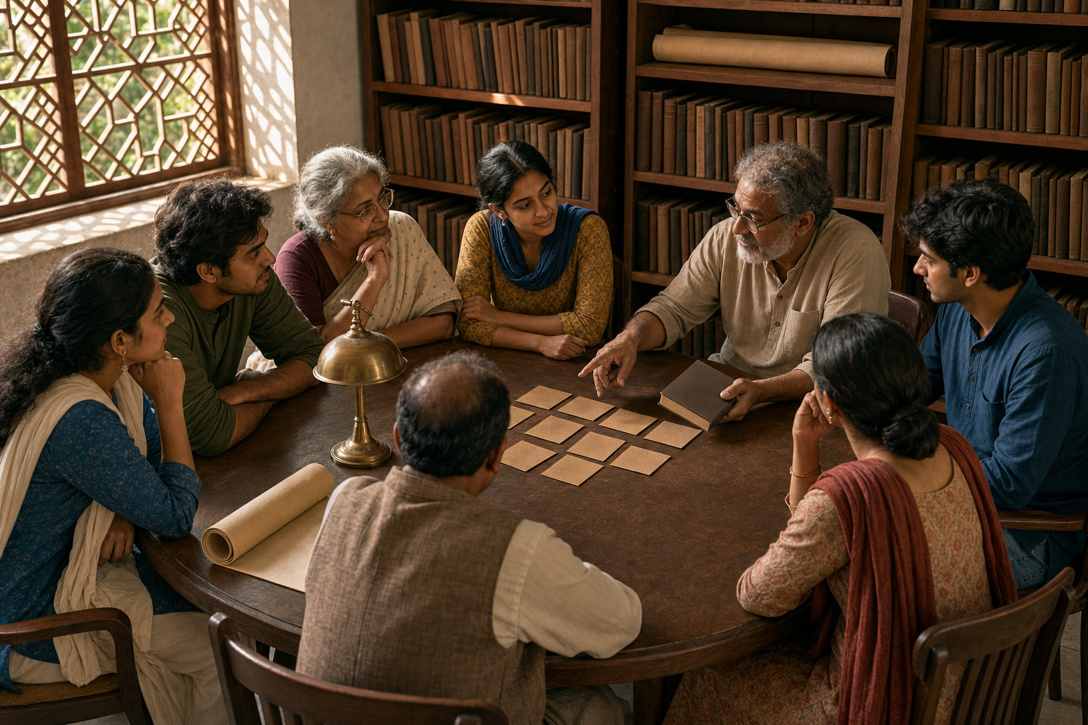 An intergenerational group discusses history around a table in a community library lit by afternoon sunlight.