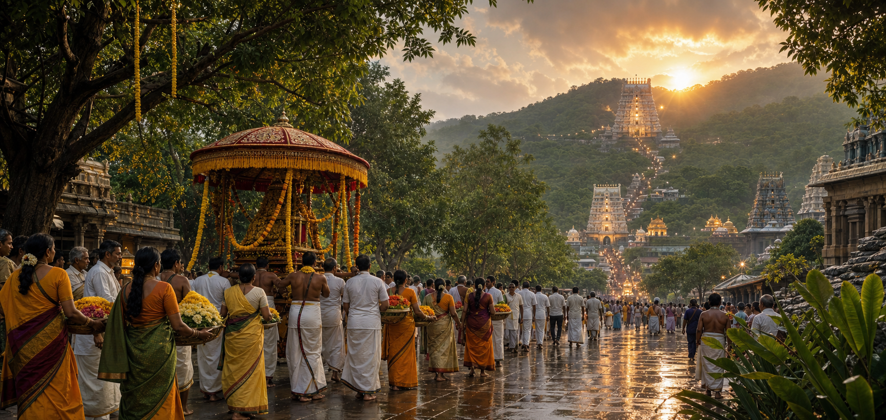 Pilgrims join a flower-filled Venkateswara procession in Hyderabad as the forested Tirumala hills and temple towers appear in the distance.