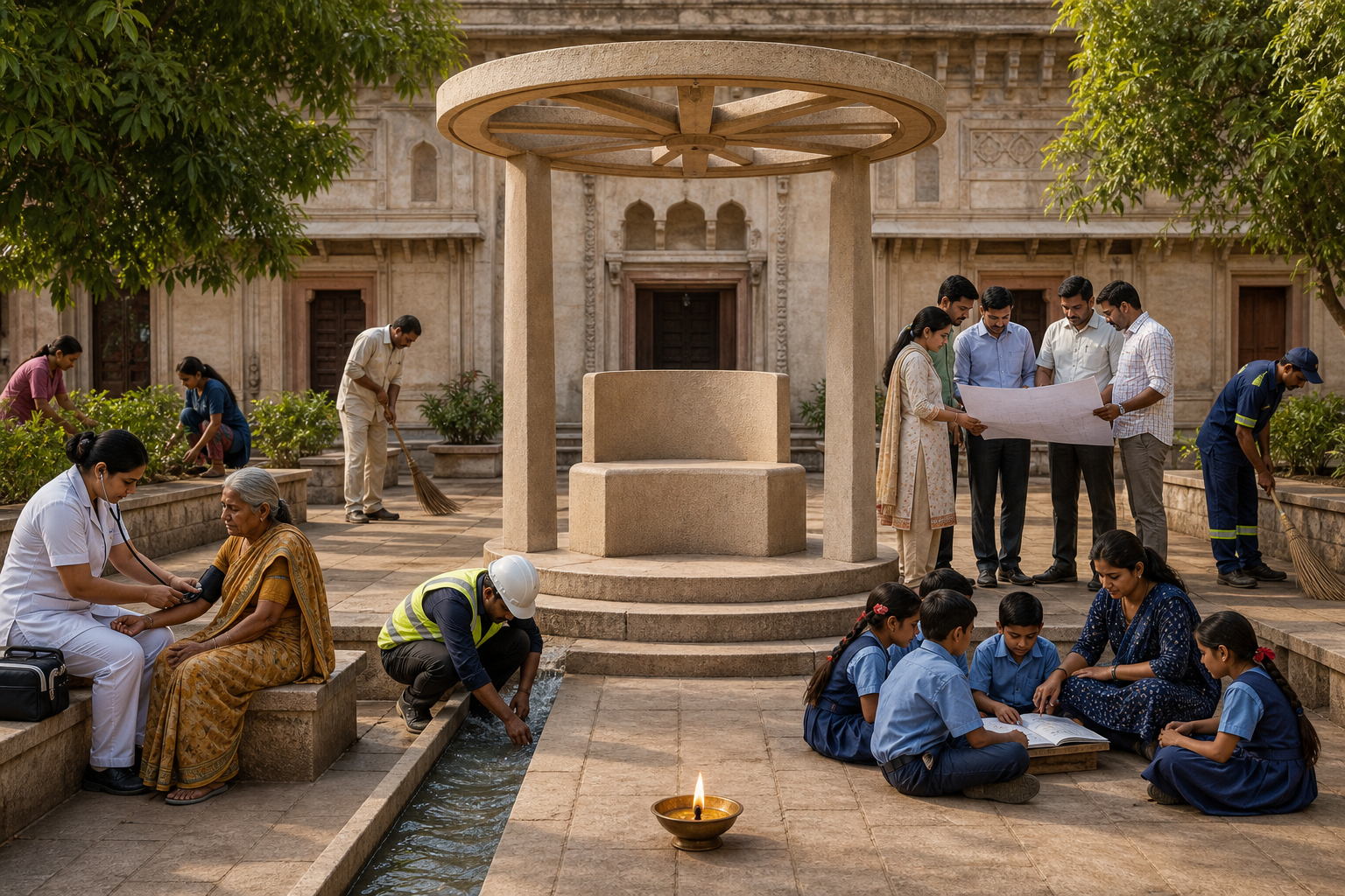 An empty civic seat is surrounded by anonymous citizens, a nurse, a teacher, an engineer, and a sanitation worker carrying out public duties.