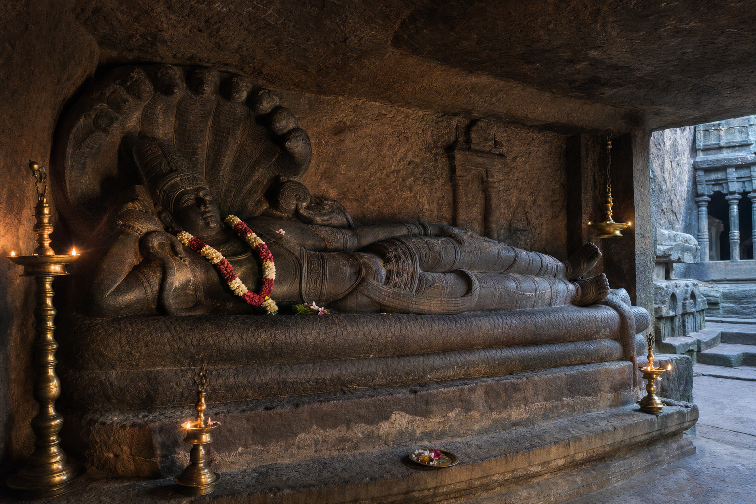 Reclining Ranganatha rests upon the serpent Karkotaka in a lamp-lit rock-cut sanctuary at Namakkal.