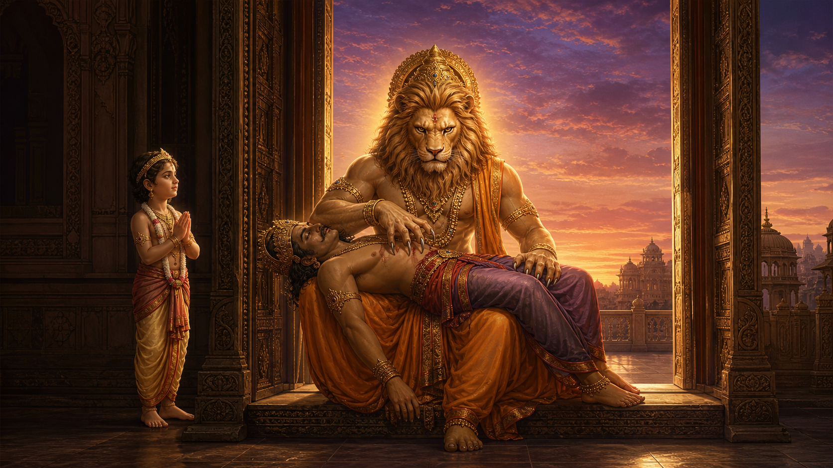 Narasimha sits in a palace doorway at twilight with Hiranyakashipu across his lap while Prahlada stands nearby with folded hands.