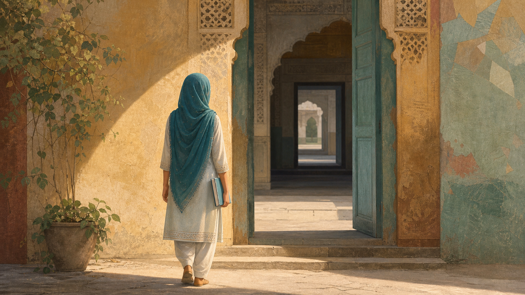 A teenage girl holding a school notebook stands with her back to the viewer before a series of shadowed courtyard doorways.