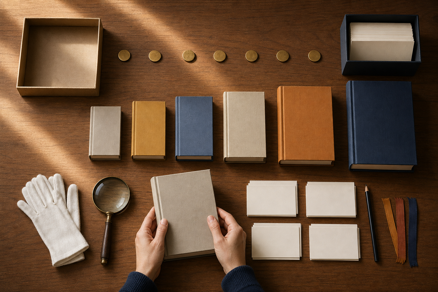 A reader organizes closed books, blank index cards, archival gloves, and brass tokens into a structured study sequence on a sunlit desk.