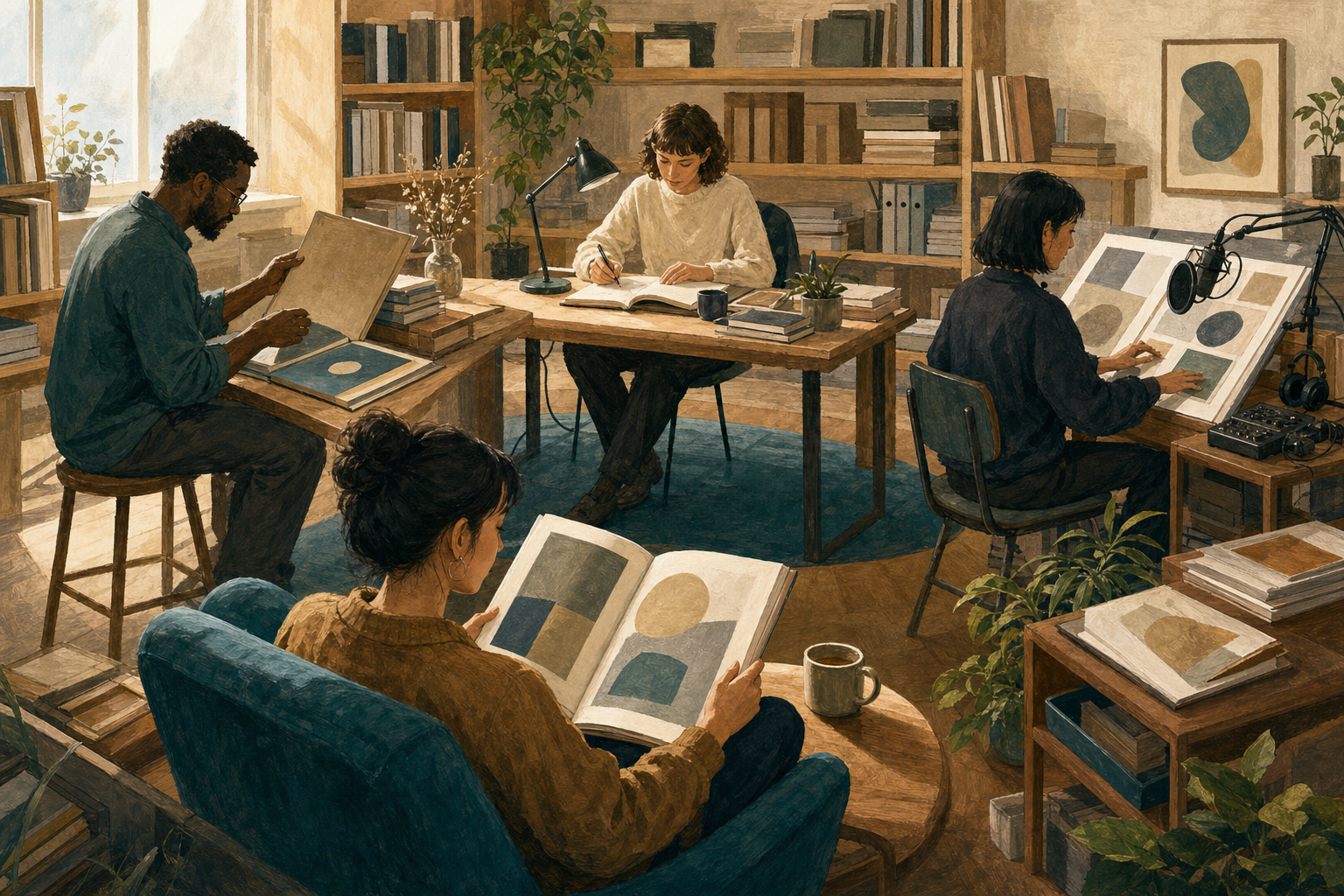 Researchers, a writer, an editor, and a reader work in different parts of a modest independent publishing studio.