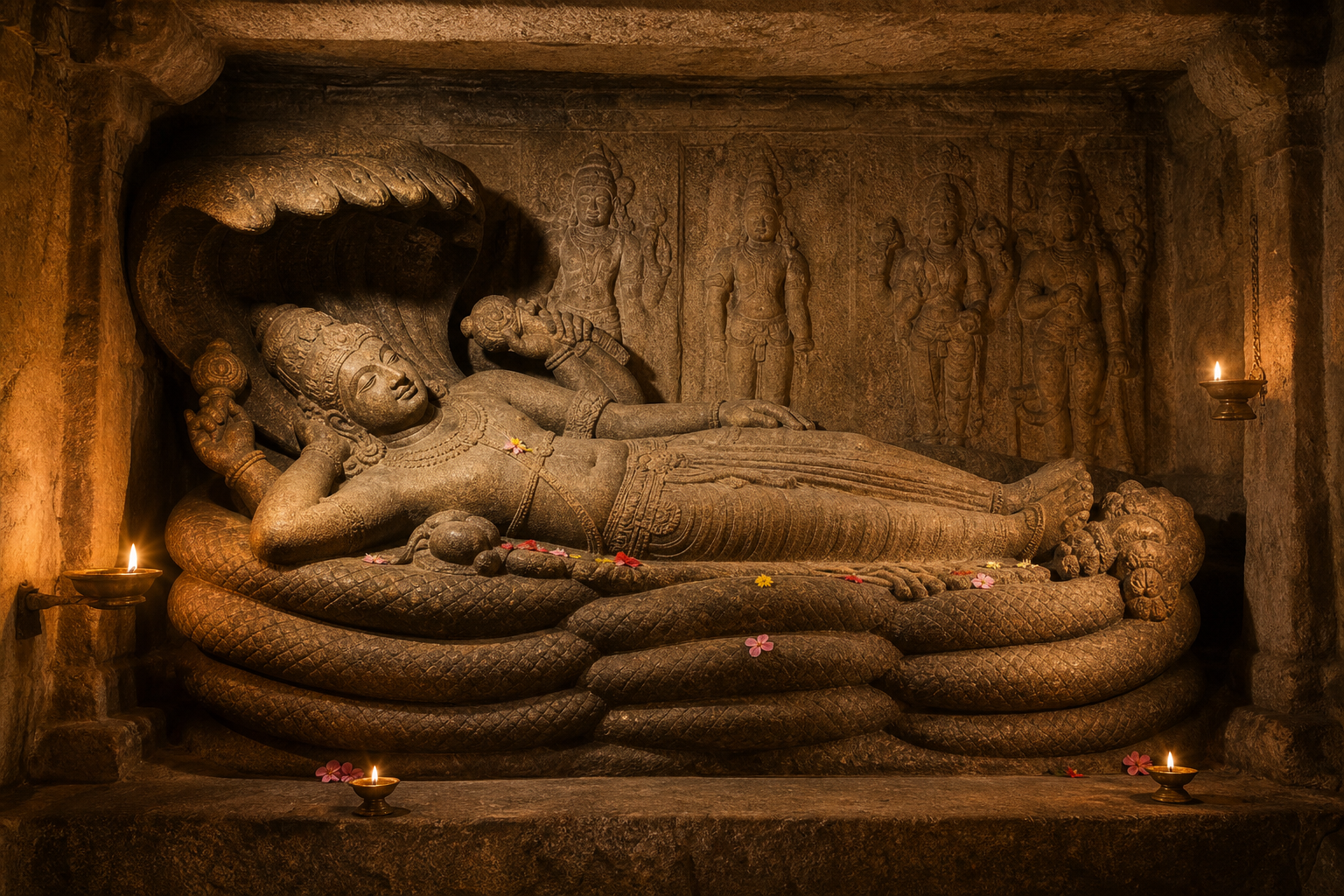 Oblique view of reclining Vishnu supported by the curved coils of Karkotaka in a stone sanctum.