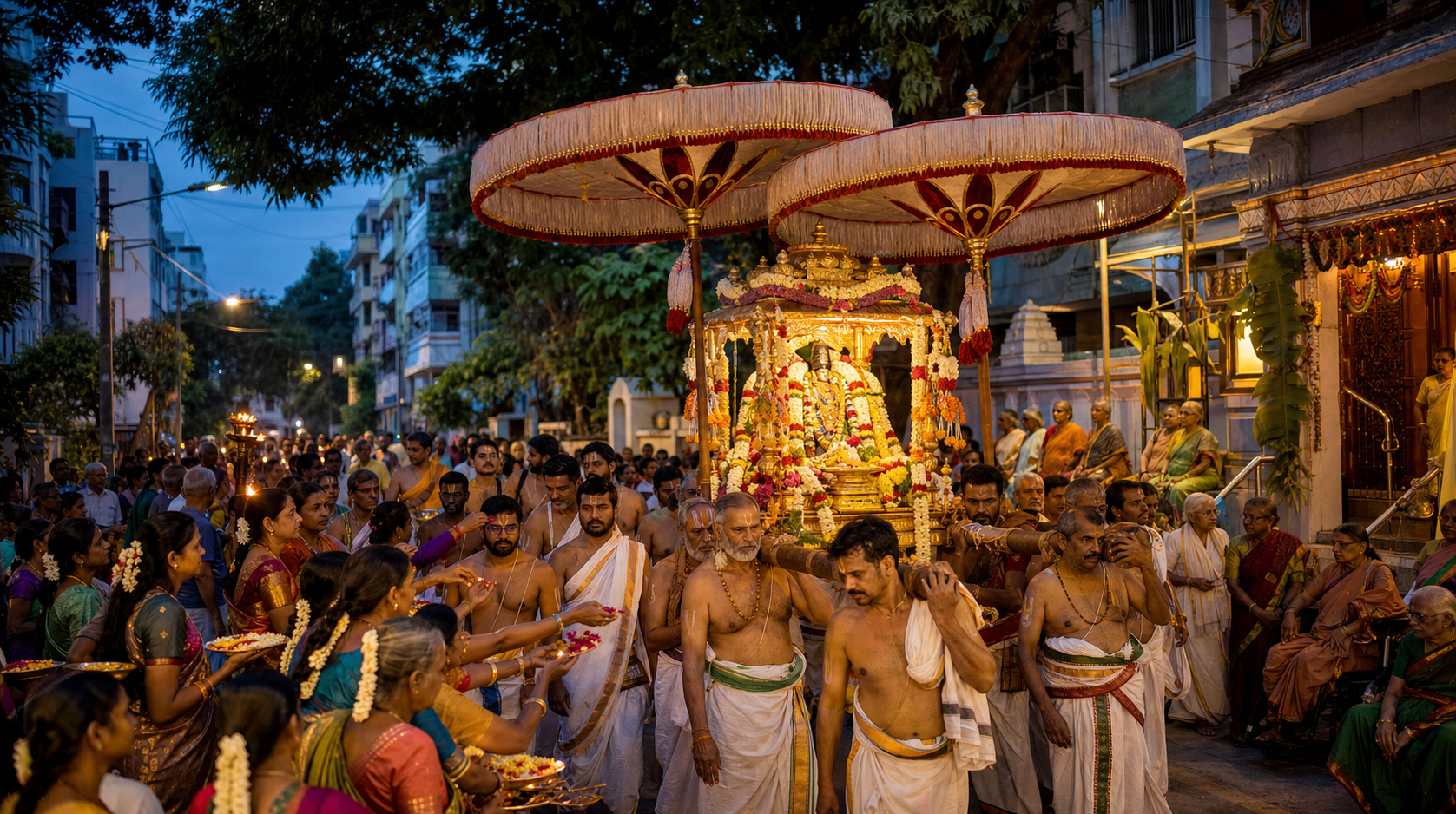 Devotees, priests, and attendants take part in a flower-decorated Venkateswara Brahmotsavam procession through Himayat Nagar at dusk.