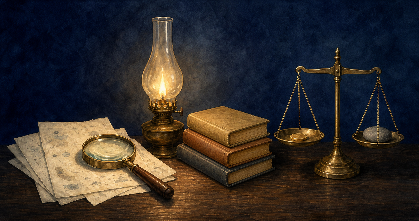 A magnifying glass, a steady oil lamp, and a balanced brass scale form a three-part still life about evaluating a contribution.