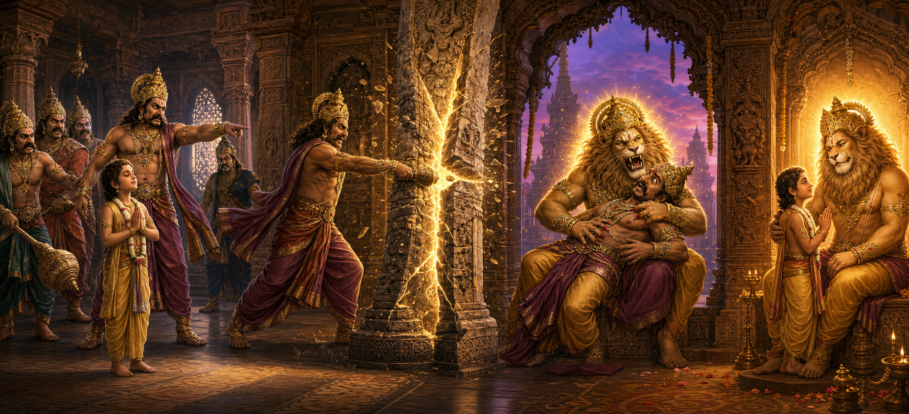 A continuous palace scene shows Prahlada facing coercion, a pillar opening, Narasimha confronting Hiranyakashipu at dusk, and the avatar becoming calm afterward.