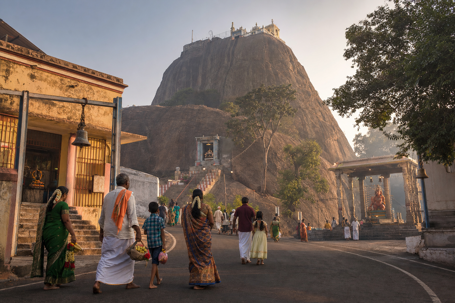 Pilgrims walk around Namakkal's rock hill on a route connecting the Ranganatha, Narasimha, and Anjaneyar shrines.