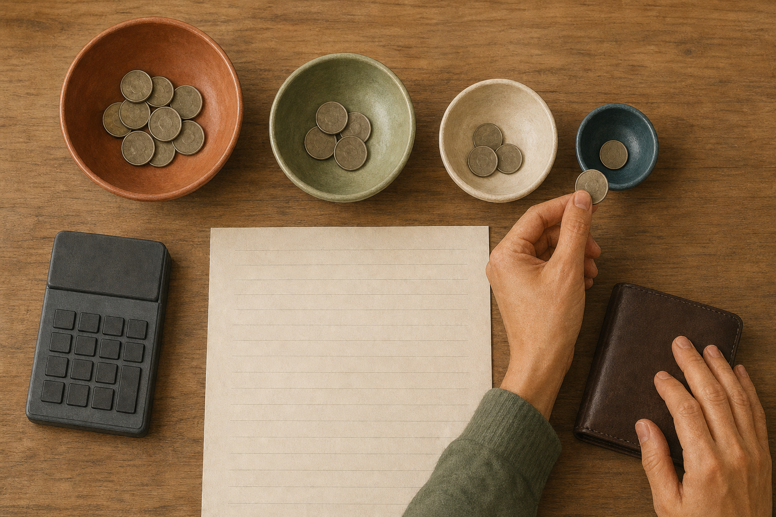 Hands allocate coins among several unlabeled household budget bowls, including a small bowl reserved for voluntary giving.