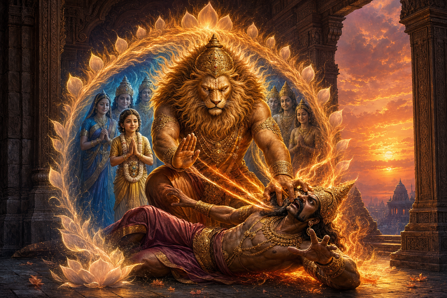 Narasimha restrains a crowned tyrant at a threshold while Prahlada and other figures remain sheltered behind him as the fiery light fades into a calm glow.