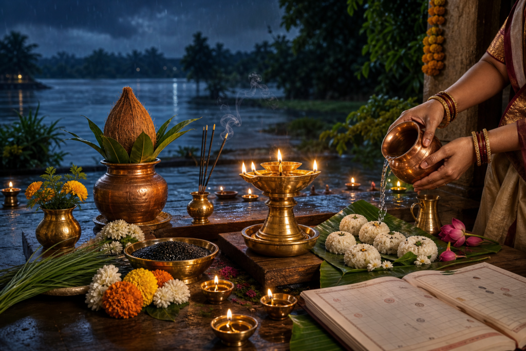 Ashada Amavasya 2026 ritual altar with glowing brass diyas, kalash, rice pindas, sesame seeds, flowers, and water offering.