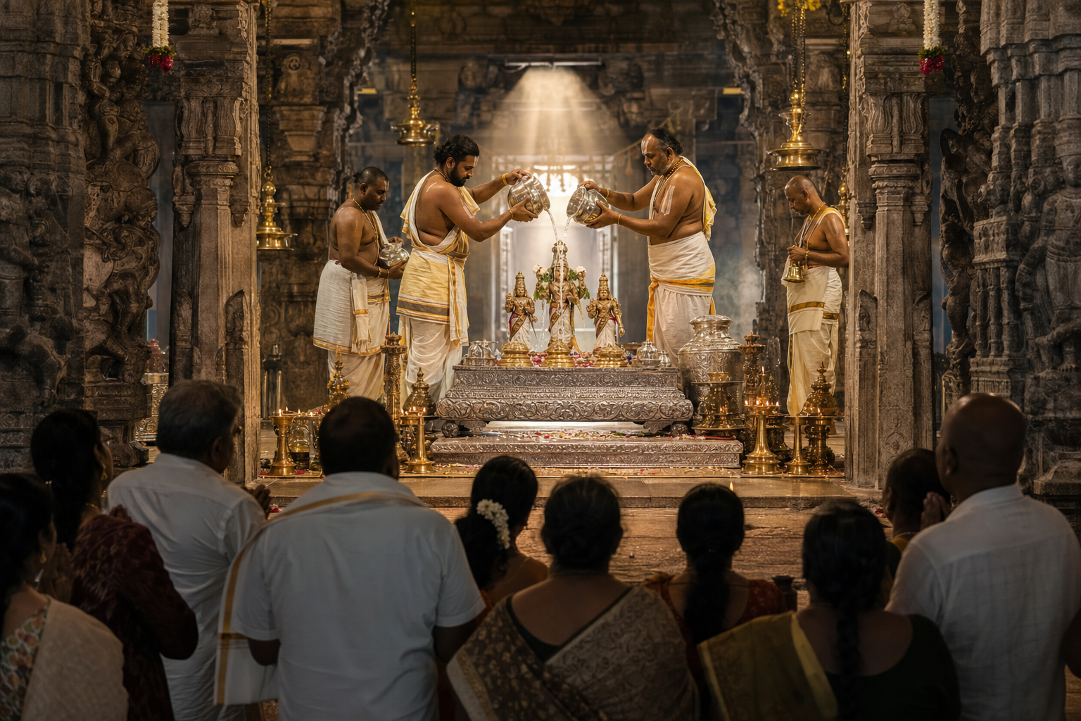 Temple priests perform a ceremonial sacred bath for processional deities as pilgrims pray inside a carved stone hall at Tirumala.