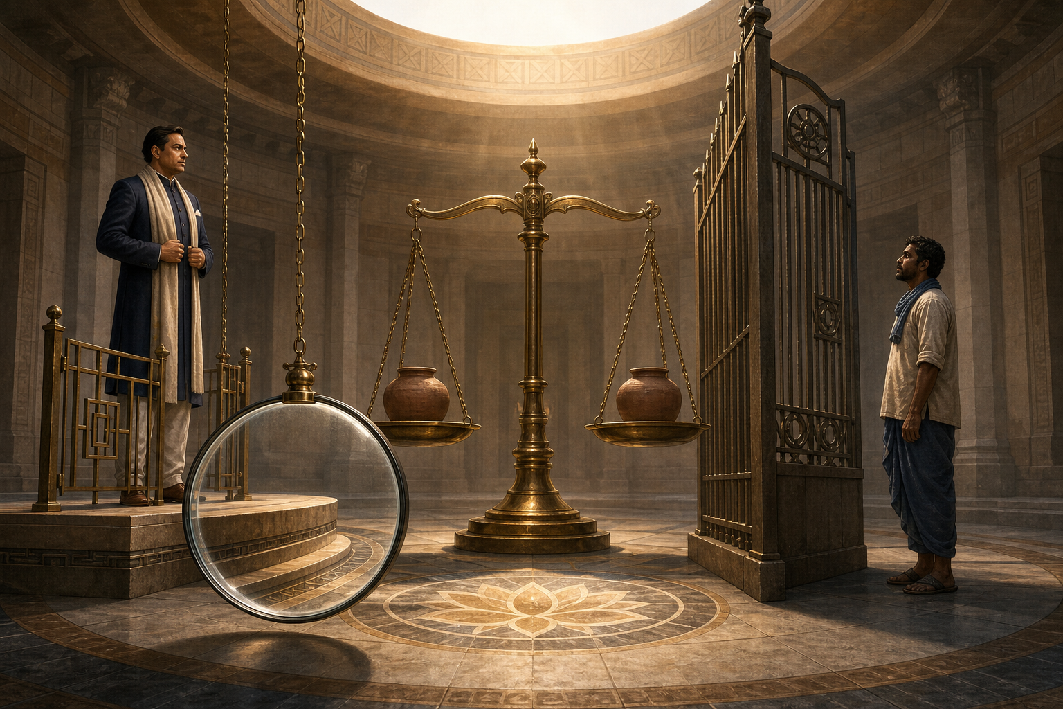 A brass balance scale stands between a well-dressed person behind a low gate and a worker facing a taller barrier, while a crystal lens reveals that one side of the floor is raised.
