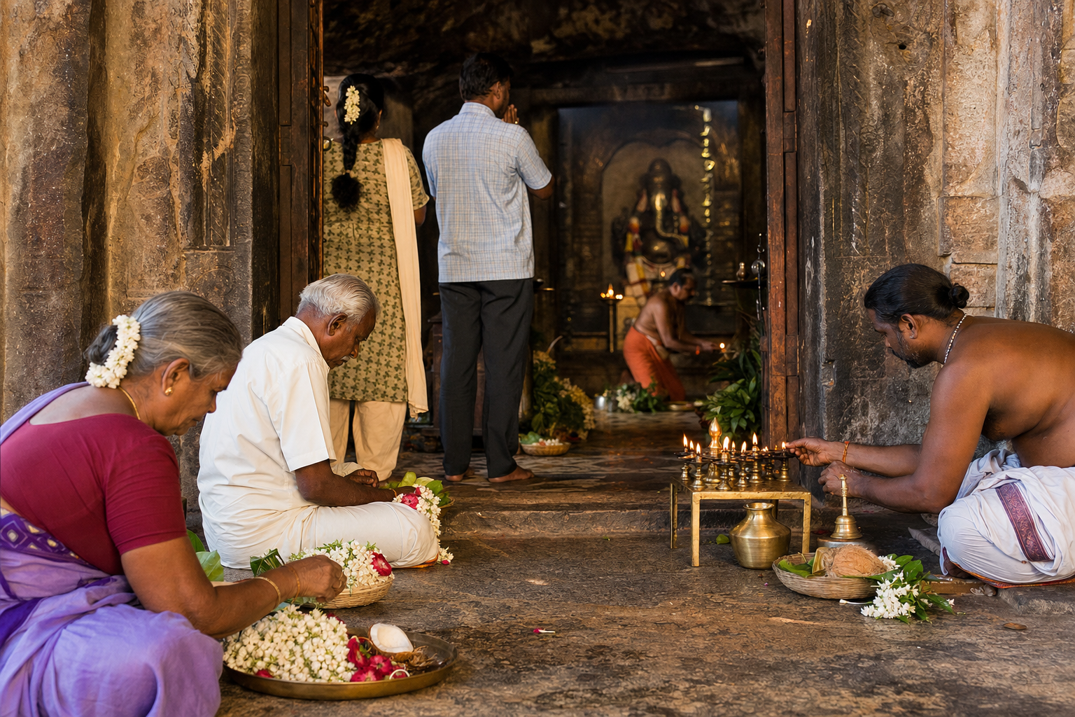 Devotees bring flowers and offerings while oil lamps are tended inside a weathered Namakkal temple.
