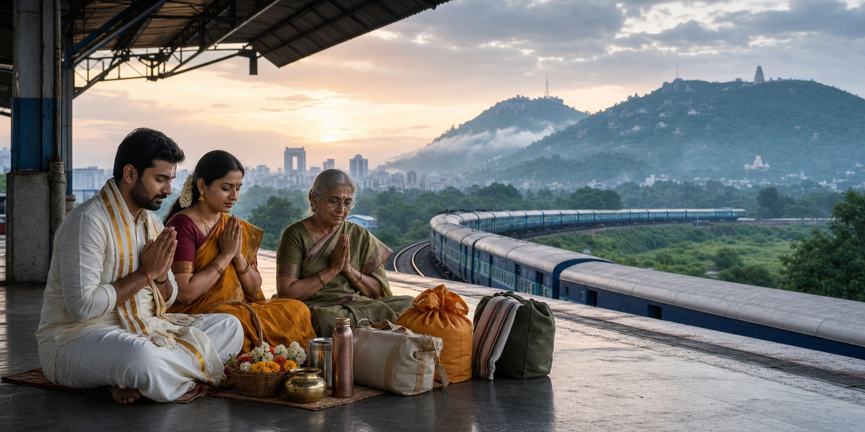 Three pilgrims pause with simple luggage and flower offerings on a quiet railway platform during a journey from Hyderabad toward the Tirumala hills.