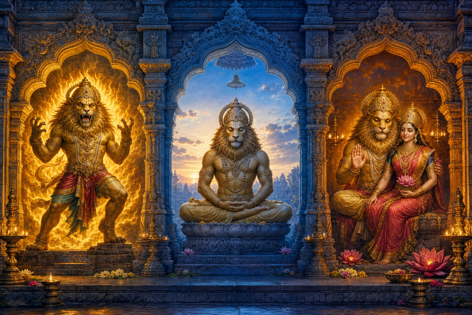 Three adjoining temple alcoves contain a fierce standing Narasimha, a seated meditating Narasimha, and a peaceful Narasimha accompanied by Lakshmi.
