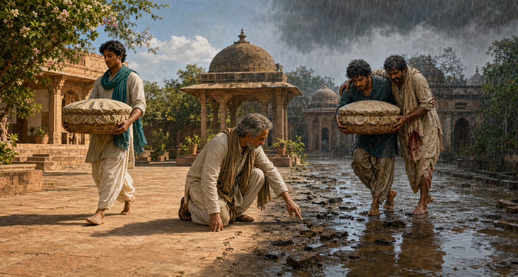 An investigator examines two similar baskets and nearby footprints while one person stands on a dry path and another helps an injured companion across rain-damaged ground.