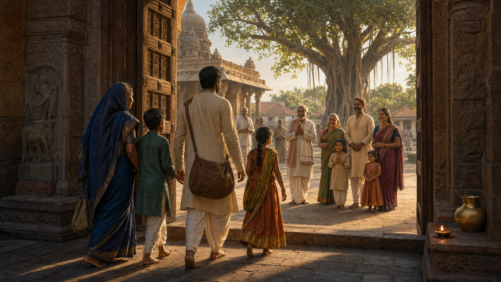 An Indian family voluntarily walks through an open stone gateway toward a multigenerational community gathered in a sunlit courtyard.