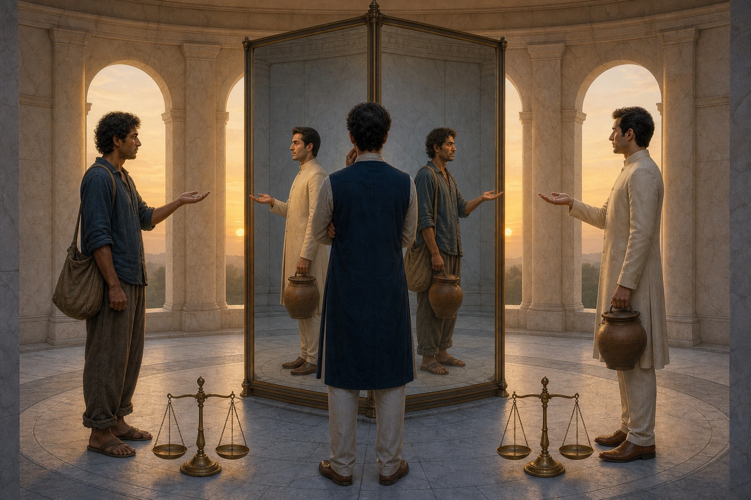 Two people of different social status face a mirror that shows their clothing and positions exchanged while the same clay jar and brass balance remain beside them.